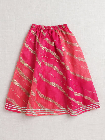 Kota Doria Lace Embellished Short Sleeves Choli With Lehenga And Dupatta Set For Girls-Fuchsia