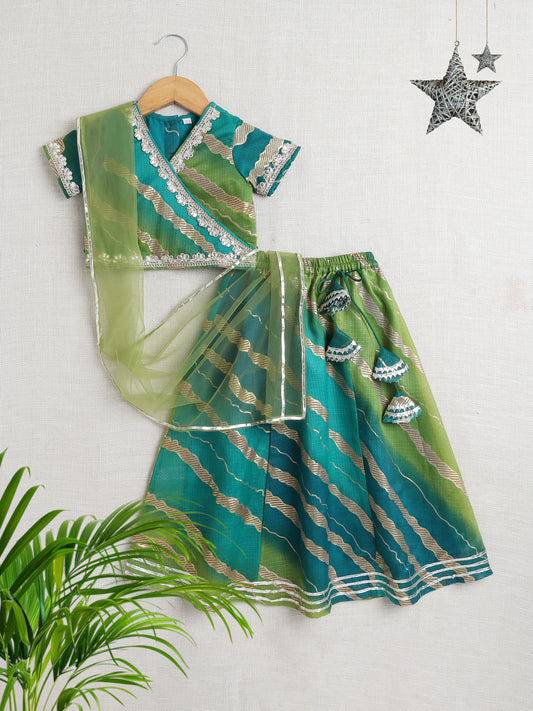 Kota Doria Lace Embellished Short Sleeves Choli With Lehenga And Dupatta Set For Girls-Green