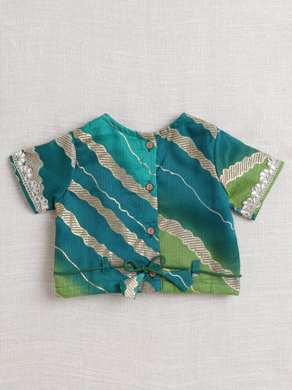 Kota Doria Lace Embellished Short Sleeves Choli With Lehenga And Dupatta Set For Girls-Green