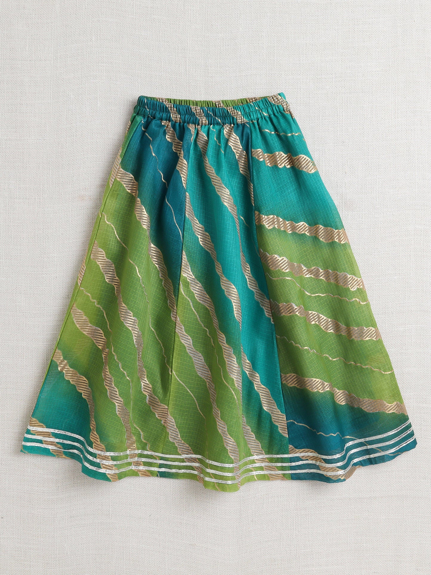 Kota Doria Lace Embellished Short Sleeves Choli With Lehenga And Dupatta Set For Girls-Green
