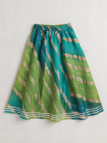 Kota Doria Lace Embellished Short Sleeves Choli With Lehenga And Dupatta Set For Girls-Green