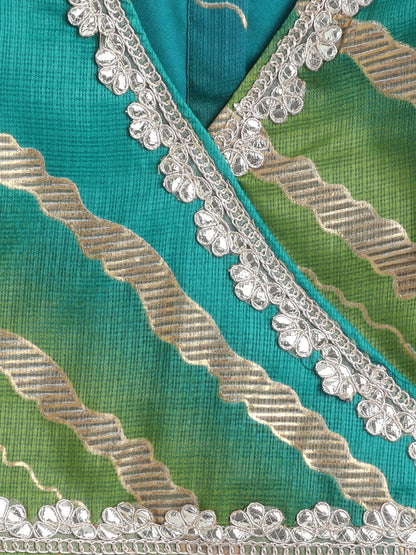 Kota Doria Lace Embellished Short Sleeves Choli With Lehenga And Dupatta Set For Girls-Green