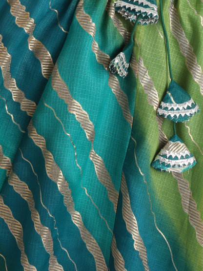 Kota Doria Lace Embellished Short Sleeves Choli With Lehenga And Dupatta Set For Girls-Green