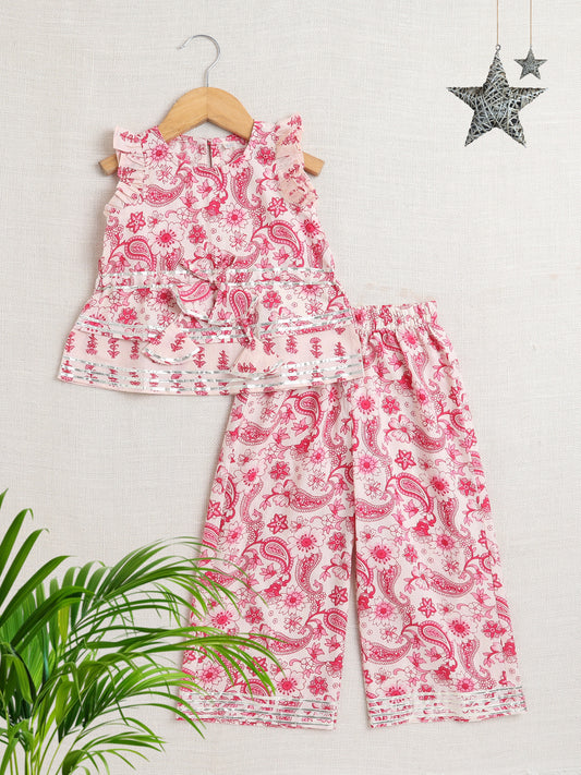 Floral Print Printed Sleeveless Top and Pant Set Co-Ords Set For Girls-Pink