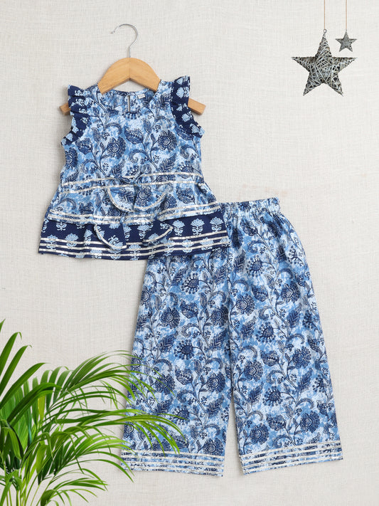 Floral Print Printed Sleeveless Top and Pant Set Co-Ords Set For Girls-Indigo Blue