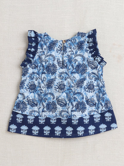 Floral Print Printed Sleeveless Top and Pant Set Co-Ords Set For Girls-Indigo Blue