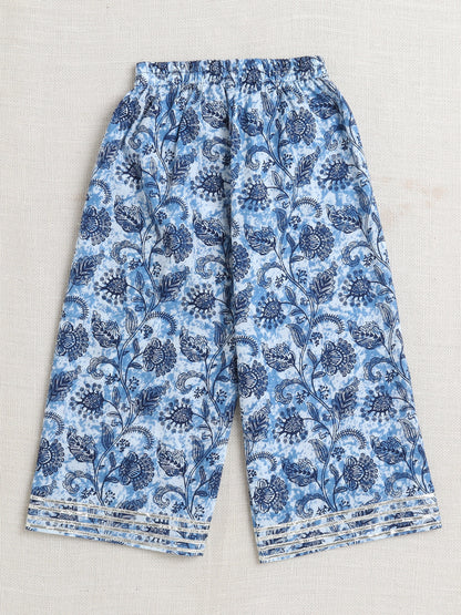 Floral Print Printed Sleeveless Top and Pant Set Co-Ords Set For Girls-Indigo Blue