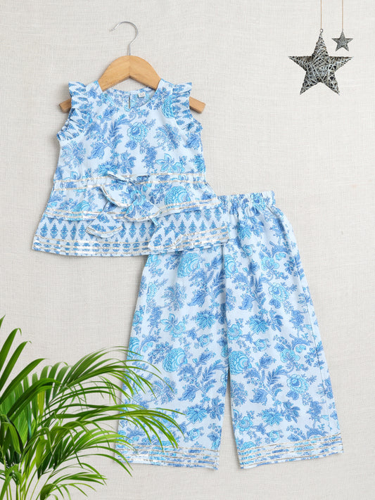 Floral Print Printed Sleeveless Top and Pant Set Co-Ords Set For Girls-Blue