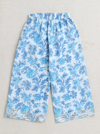 Floral Print Printed Sleeveless Top and Pant Set Co-Ords Set For Girls-Blue