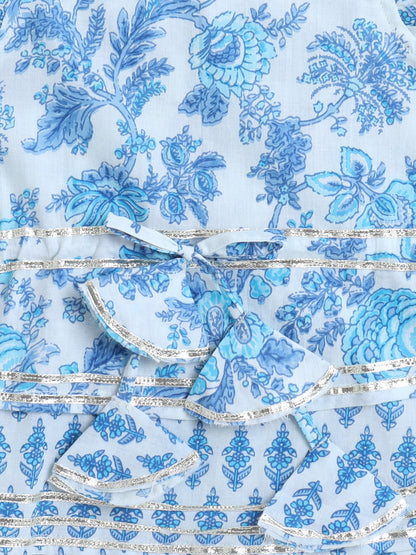 Floral Print Printed Sleeveless Top and Pant Set Co-Ords Set For Girls-Blue