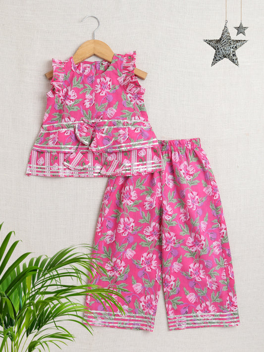Floral Print Printed Sleeveless Top and Pant Set Co-Ords Set For Girls-Fuchsia