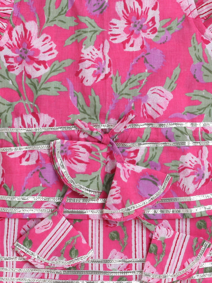 Floral Print Printed Sleeveless Top and Pant Set Co-Ords Set For Girls-Fuchsia