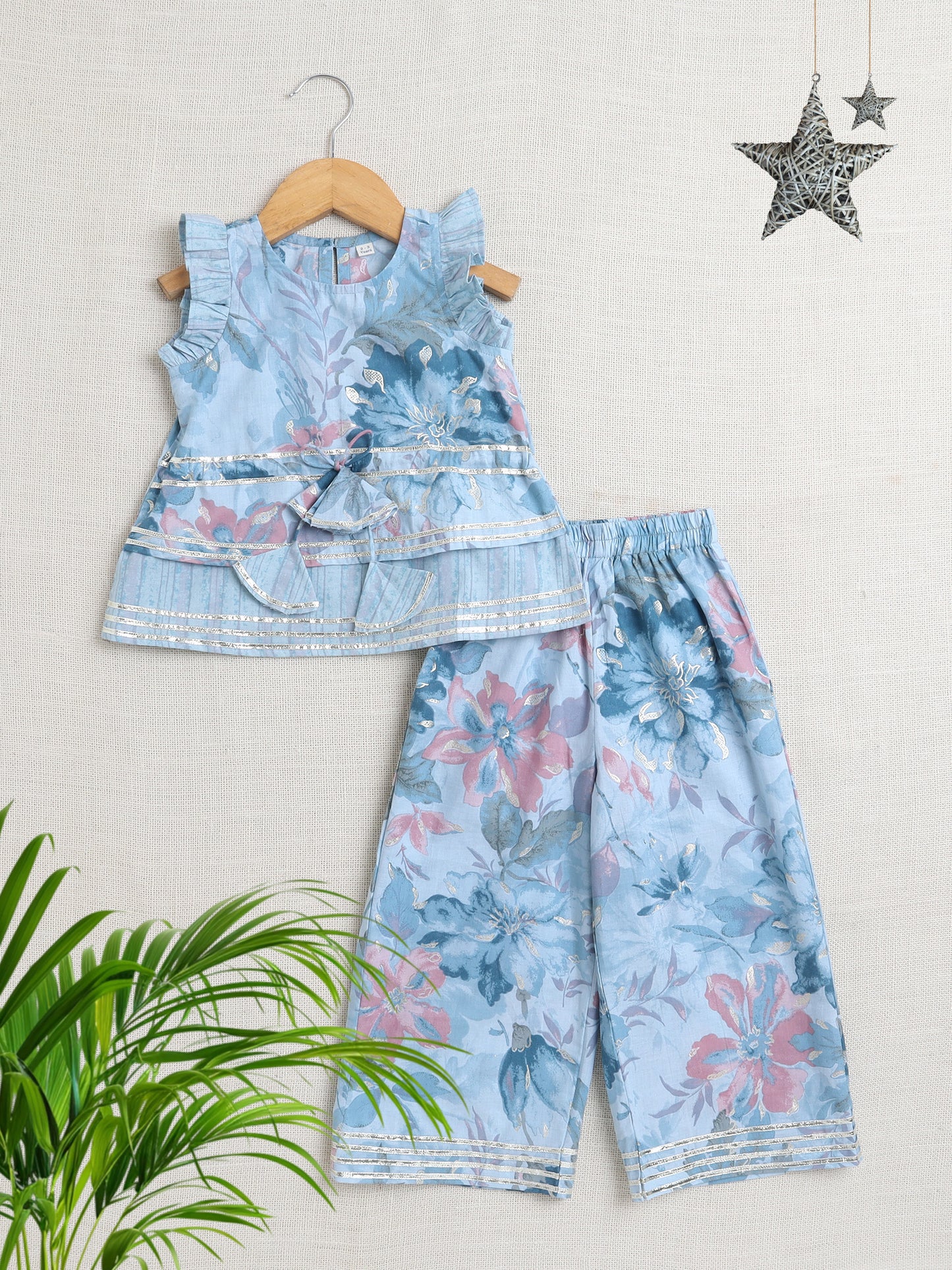 Floral Print Printed Sleeveless Top and Pant Set Co-Ords Set -Blue