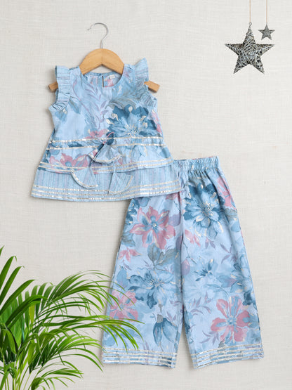 Floral Print Printed Sleeveless Top and Pant Set Co-Ords Set -Blue