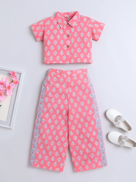 Sustainable Floral Printed Short Sleeves Collar Top and Pant Co ord Sets-Peach