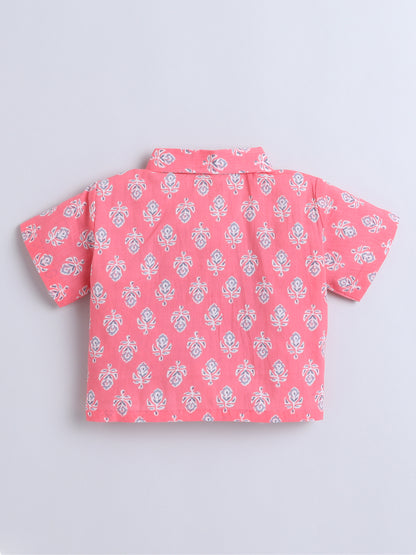 Sustainable Floral Printed Short Sleeves Collar Top and Pant Co ord Sets-Peach
