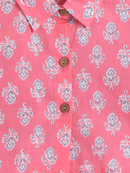 Sustainable Floral Printed Short Sleeves Collar Top and Pant Co ord Sets-Peach