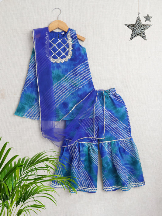Sleeveless Floral Printed Gota Lace Embellished Kurta & Sharara Set With Dupatta-Blue