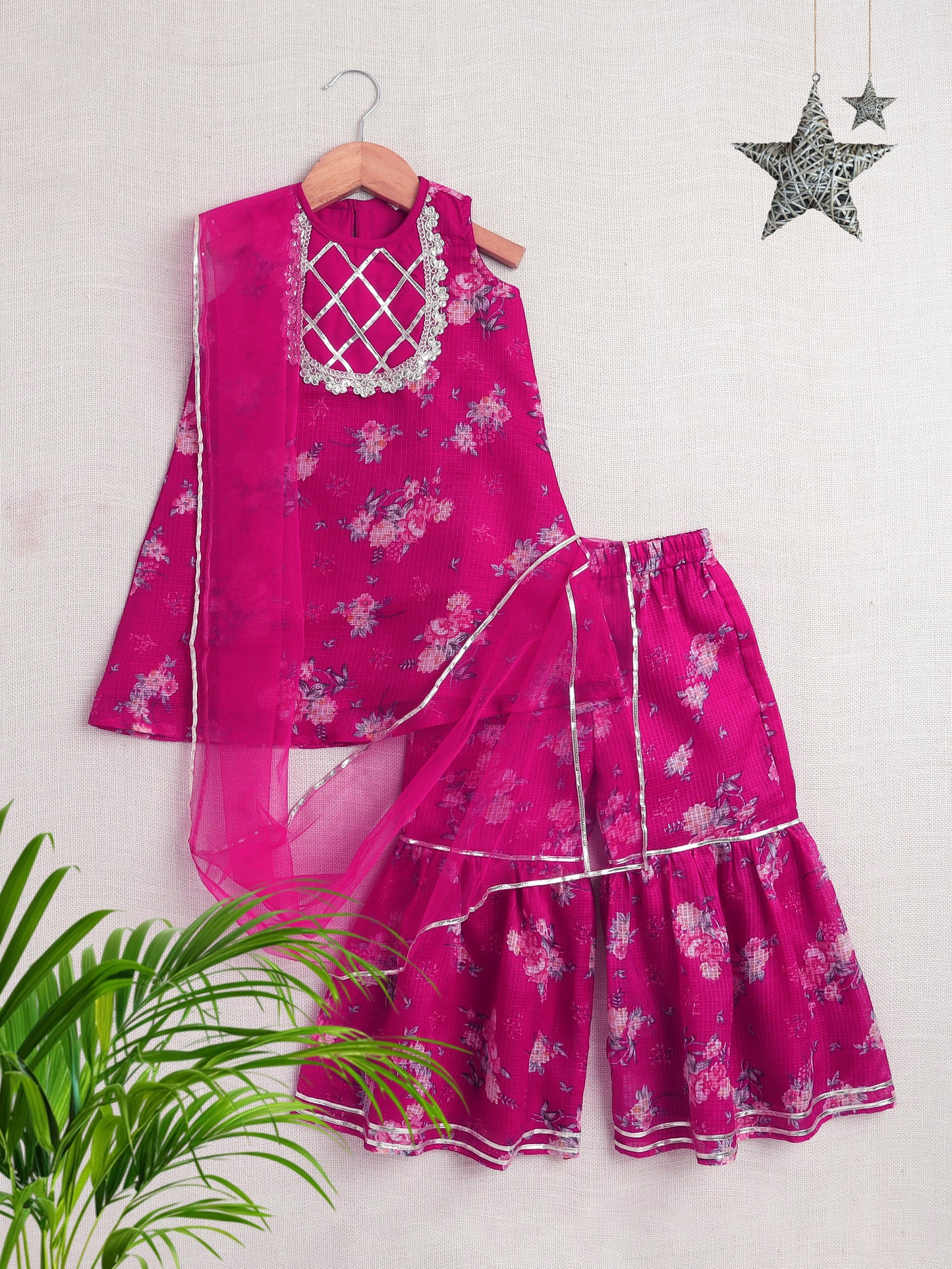 Half Sleeves Floral Printed Gota Lace Embellished Kurta & Sharara Set With Dupatta Fuchsia