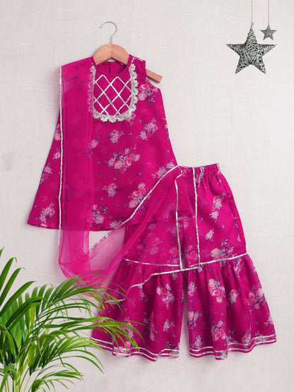 Half Sleeves Floral Printed Gota Lace Embellished Kurta & Sharara Set With Dupatta Fuchsia