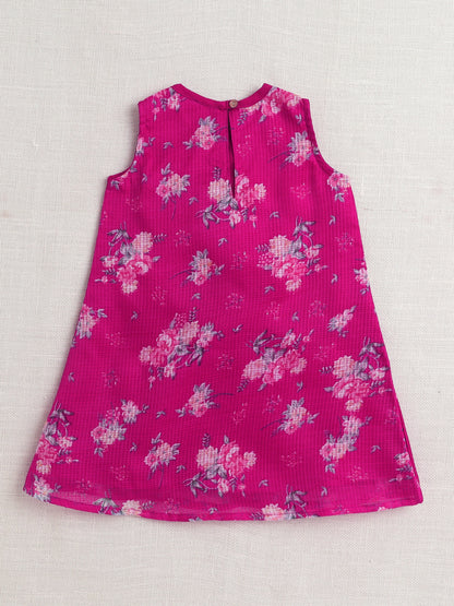 Half Sleeves Floral Printed Gota Lace Embellished Kurta & Sharara Set With Dupatta Fuchsia