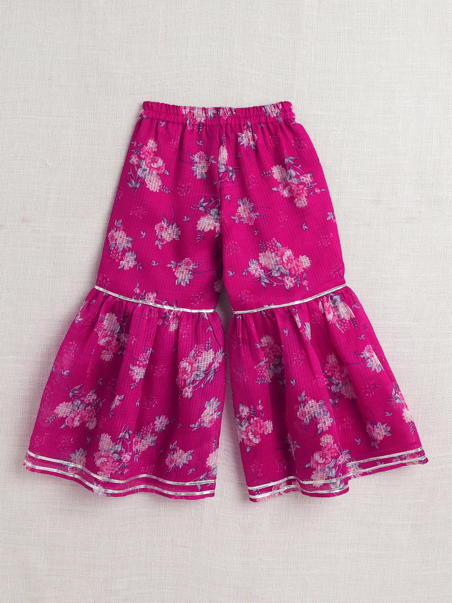 Half Sleeves Floral Printed Gota Lace Embellished Kurta & Sharara Set With Dupatta Fuchsia