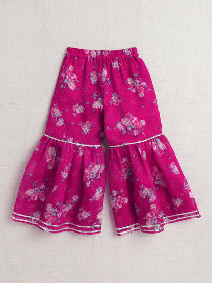 Half Sleeves Floral Printed Gota Lace Embellished Kurta & Sharara Set With Dupatta Fuchsia