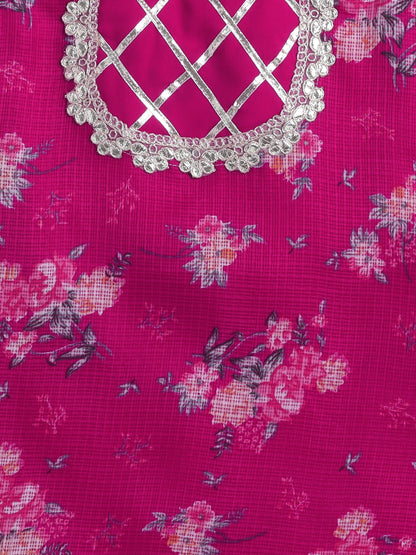 Half Sleeves Floral Printed Gota Lace Embellished Kurta & Sharara Set With Dupatta Fuchsia