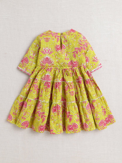 The Magic Wand Printed Short Sleeves Gora Lace & Tassle Detailing Tiered Gota Dress For Girls