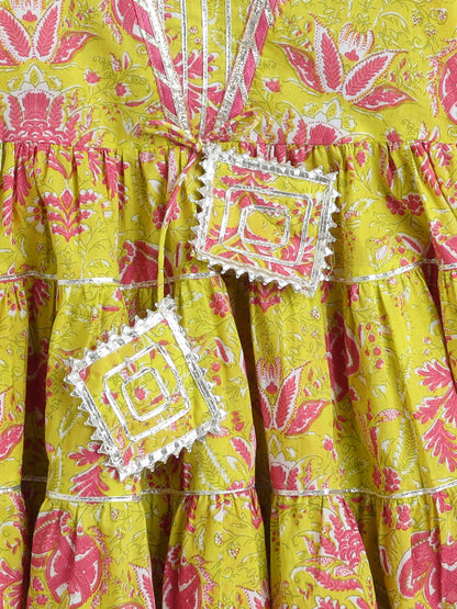 The Magic Wand Printed Short Sleeves Gora Lace & Tassle Detailing Tiered Gota Dress For Girls