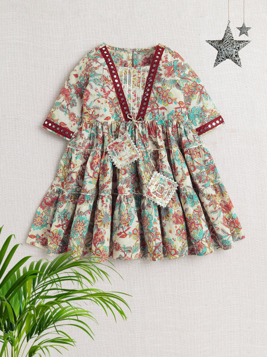 Printed Short Sleeves Aabla Lace & Tassle Detailing Tiered Gota Dress For Girls