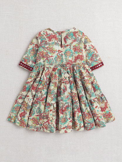 Printed Short Sleeves Aabla Lace & Tassle Detailing Tiered Gota Dress For Girls