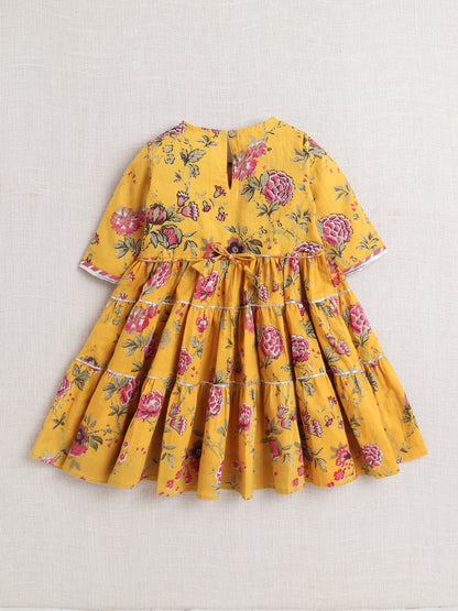 Printed Short Sleeves Gora Lace & Tassle Detailing Tiered Gota Dress For Girls