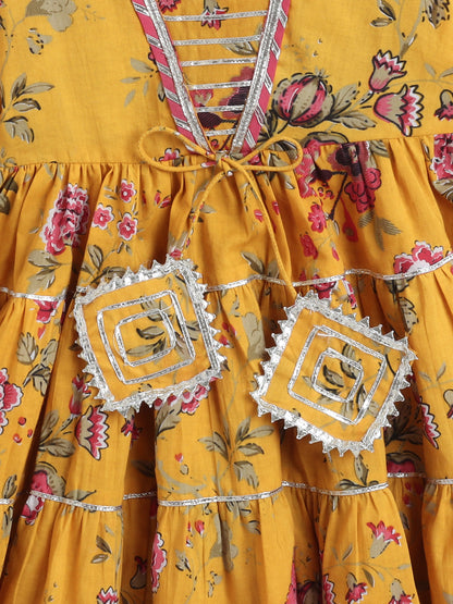 Printed Short Sleeves Gora Lace & Tassle Detailing Tiered Gota Dress For Girls