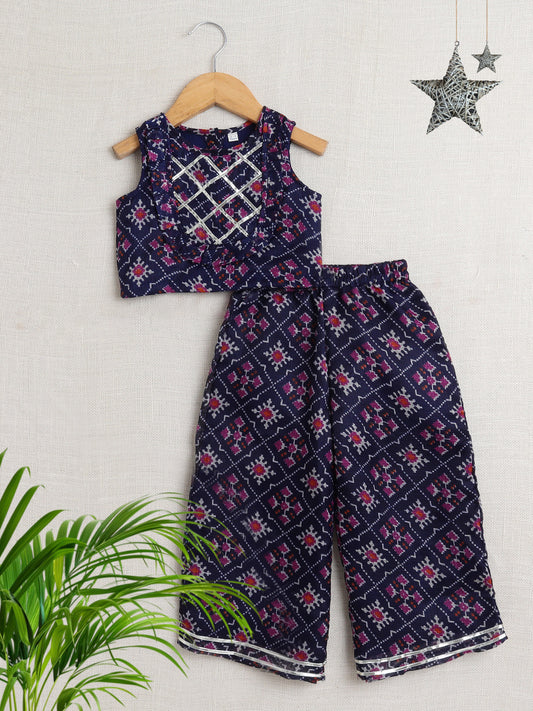 Sleeveless Floral Printed Gota Lace Embellished Top & Pant Set Co-Ords Set-Navy Blue