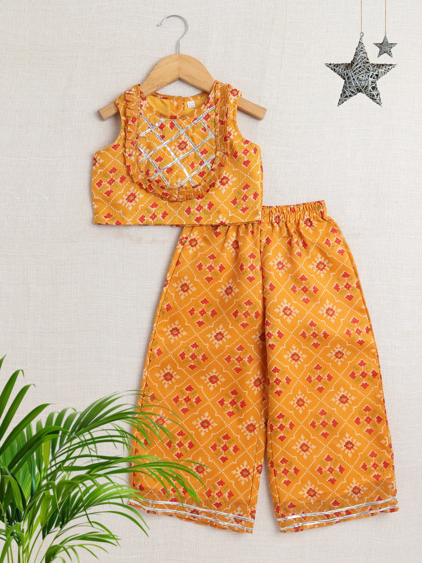 Sleeveless Floral Printed Gota Lace Embellished Top & Pant Set Co-Ords Set-Mustard