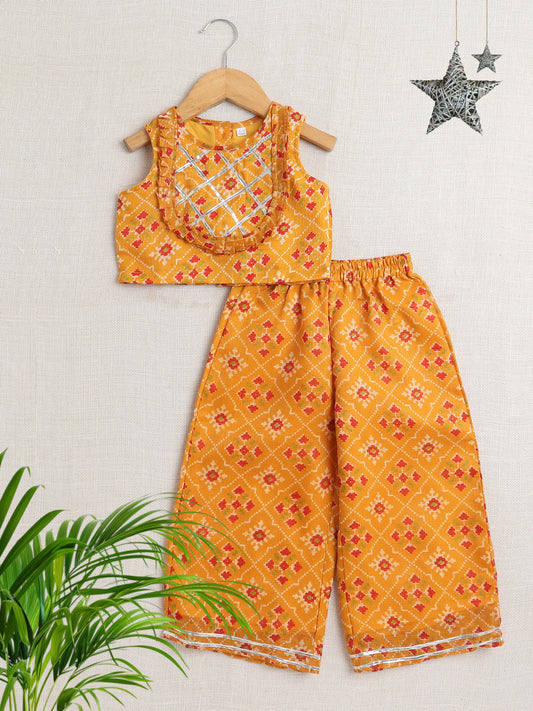 Sleeveless Floral Printed Gota Lace Embellished Top & Pant Set Co-Ords Set-Mustard