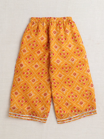 Sleeveless Floral Printed Gota Lace Embellished Top & Pant Set Co-Ords Set-Mustard