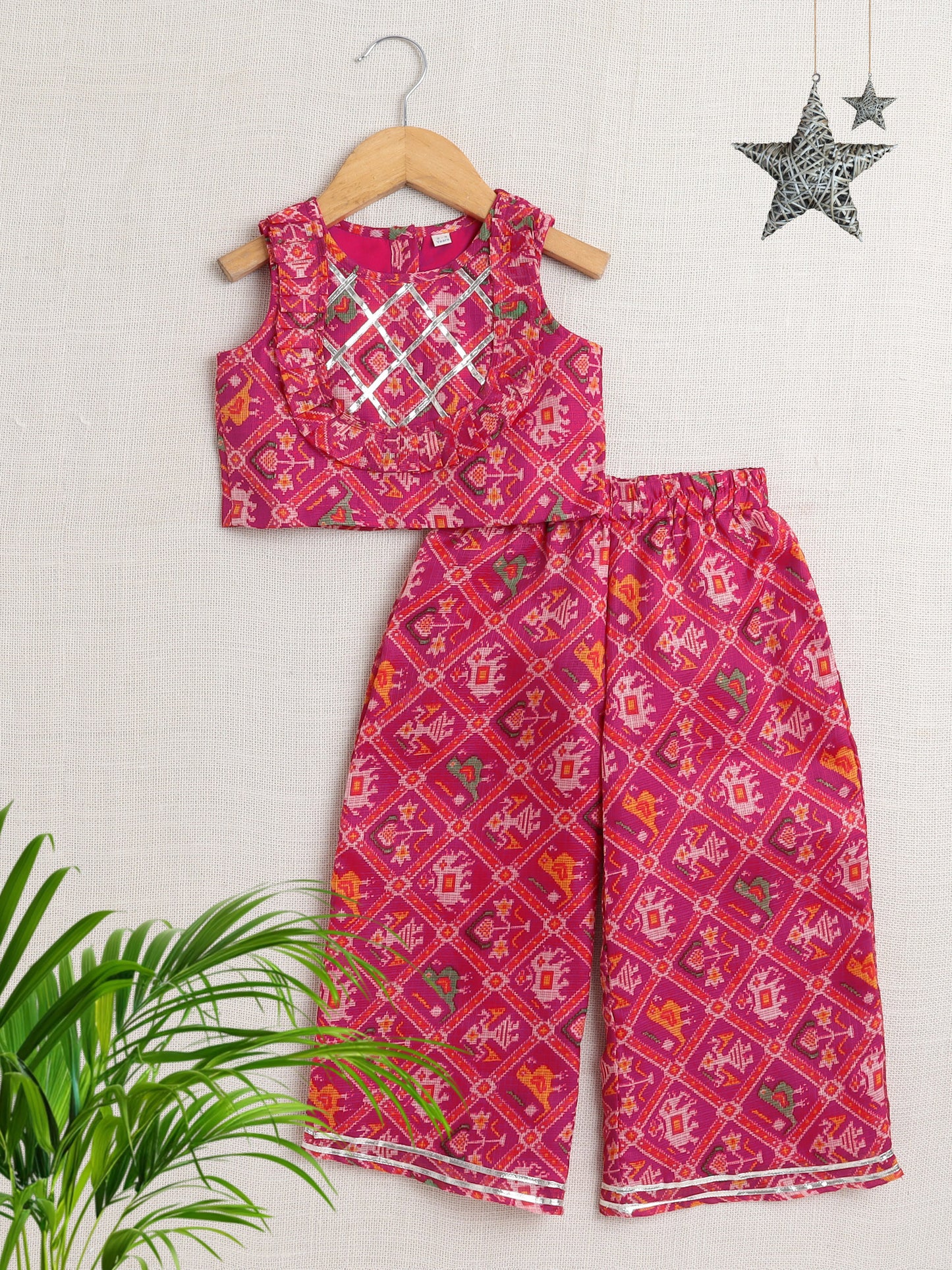 Sleeveless Floral Printed Gota Lace Embellished Top & Pant Set Co-Ords Set-Fuchsia