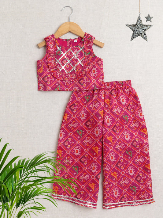 Sleeveless Floral Printed Gota Lace Embellished Top & Pant Set Co-Ords Set-Fuchsia