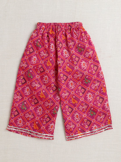 Sleeveless Floral Printed Gota Lace Embellished Top & Pant Set Co-Ords Set-Fuchsia