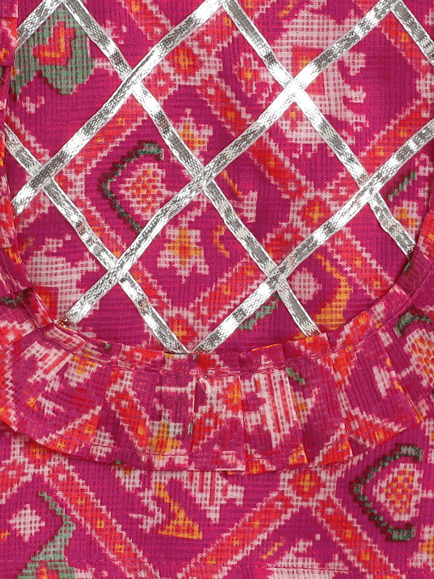 Sleeveless Floral Printed Gota Lace Embellished Top & Pant Set Co-Ords Set-Fuchsia
