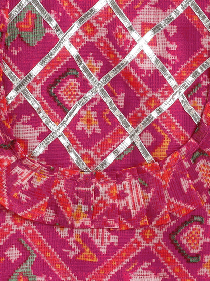 Sleeveless Floral Printed Gota Lace Embellished Top & Pant Set Co-Ords Set-Fuchsia