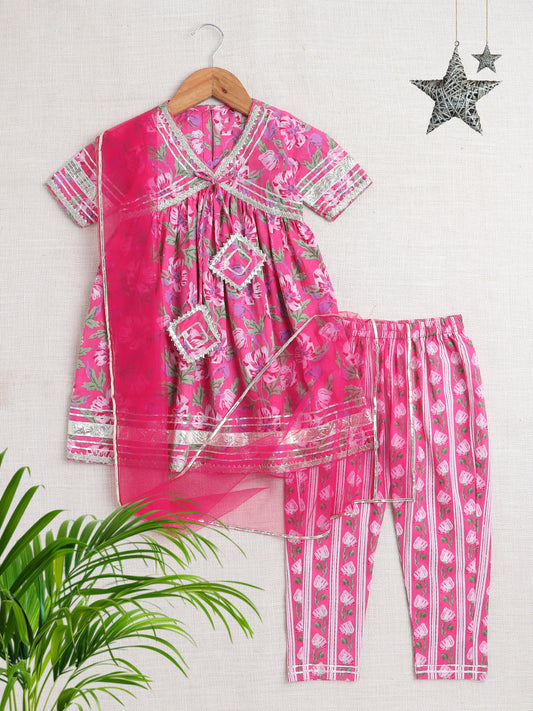 Floral Printed Elbow Sleeves Tassled Gathered Aliya Cut Kurta with Straight Pants With Dupatta-Fuchsia