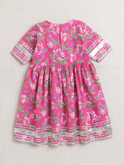 Floral Printed Elbow Sleeves Tassled Gathered Aliya Cut Kurta with Straight Pants With Dupatta-Fuchsia