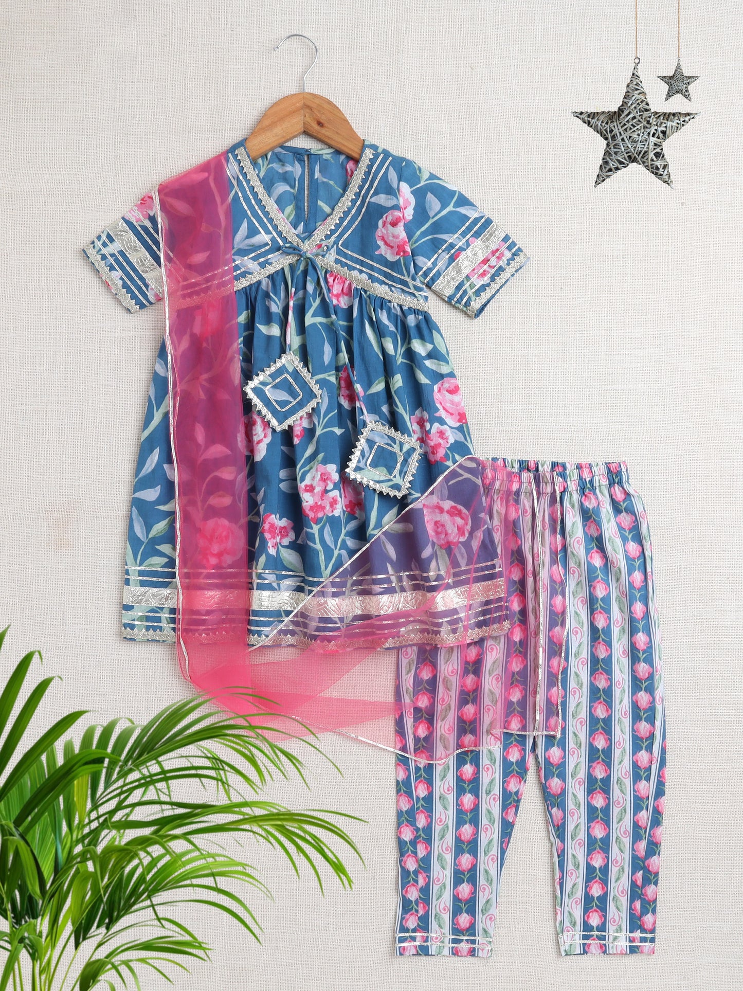 Floral Printed Elbow Sleeves Tassled Gathered Aliya Cut Kurta with Straight Pants With Dupatta-Blue