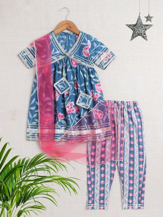 Floral Printed Elbow Sleeves Tassled Gathered Aliya Cut Kurta with Straight Pants With Dupatta-Blue