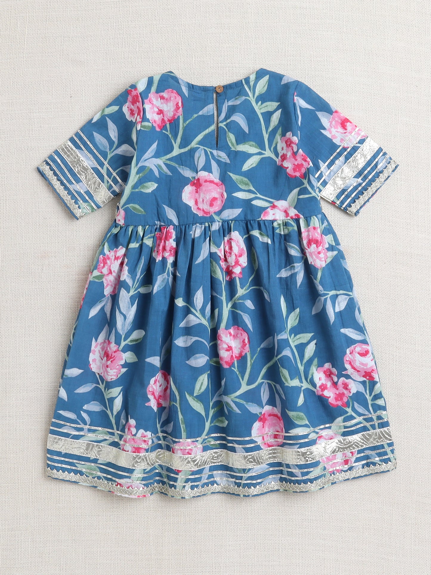 Floral Printed Elbow Sleeves Tassled Gathered Aliya Cut Kurta with Straight Pants With Dupatta-Blue