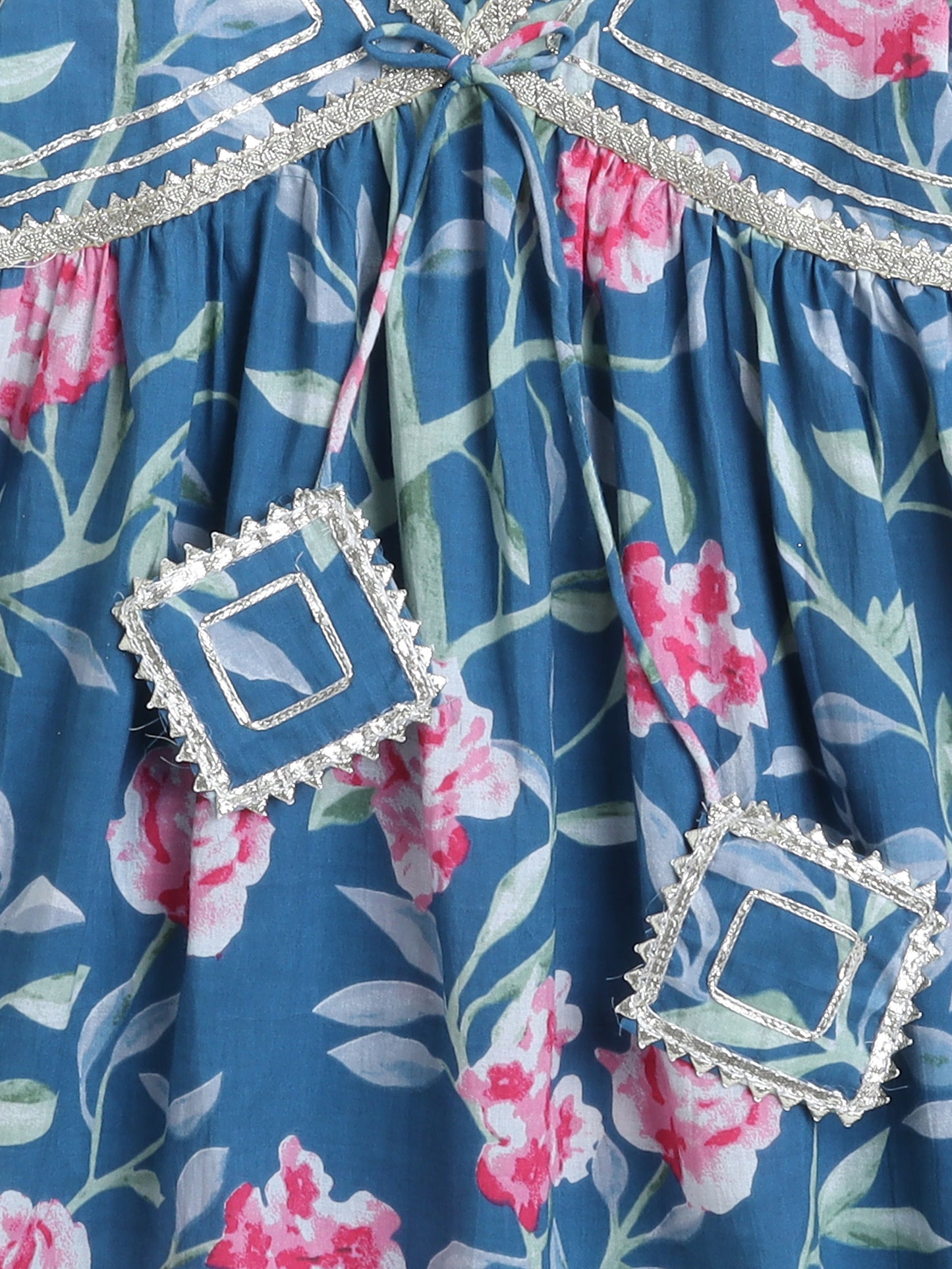 Floral Printed Elbow Sleeves Tassled Gathered Aliya Cut Kurta with Straight Pants With Dupatta-Blue