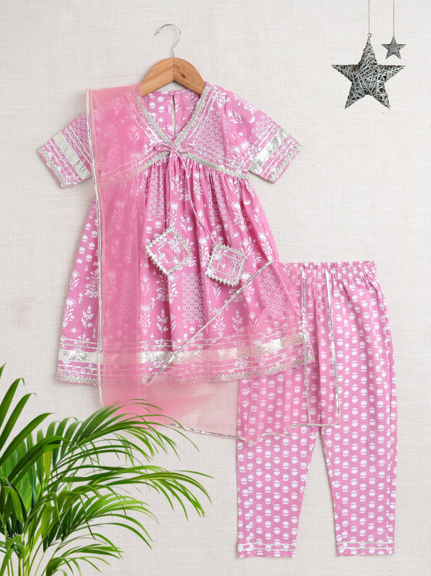 Floral Printed Elbow Sleeves Tassled Gathered Aliya Cut Kurta with Straight Pants With Dupatta-Pink